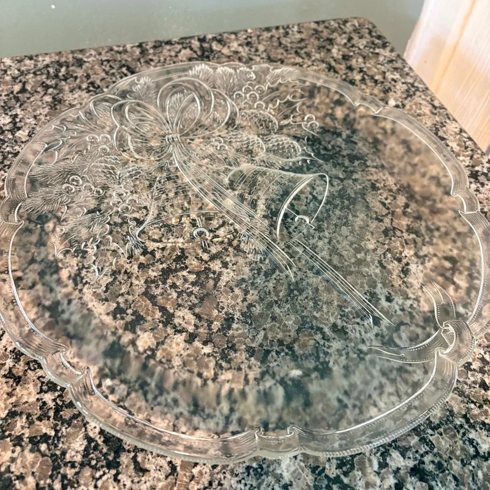 Vintage Christmas Bells Clear Pressed Glass Cake Plate Scalloped Serving Platter